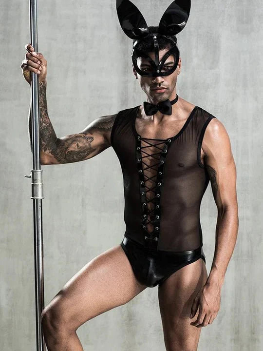 Men's Black Bunny Bodysuit with Tail