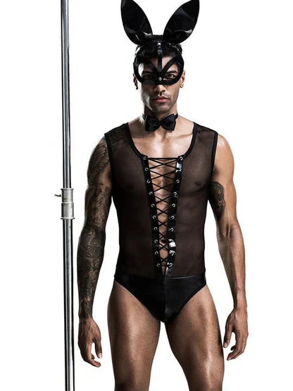 Men's Black Bunny Bodysuit with Tail