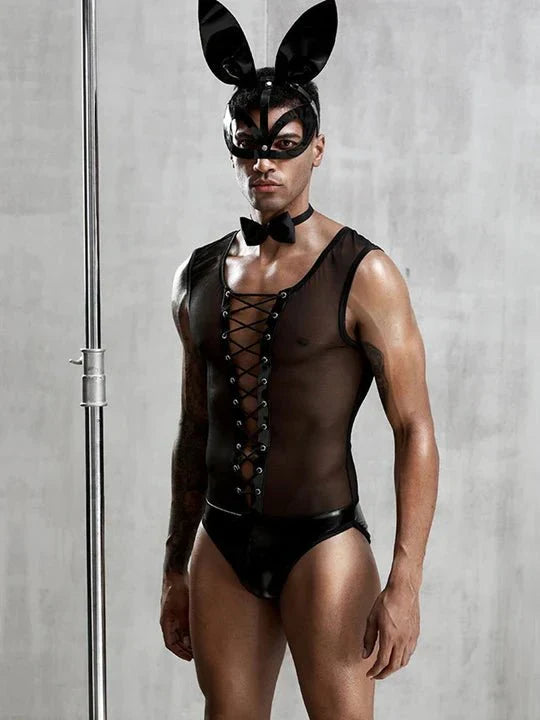 Men's Black Bunny Bodysuit with Tail