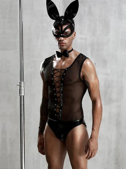 Men's Black Bunny Bodysuit with Tail