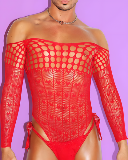 Men's Red Fishnet See-Through Strapless Bodysuit