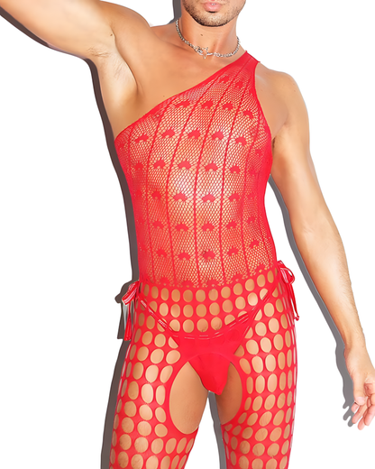 Men's Red Fishnet See-Through Strapless Bodysuit