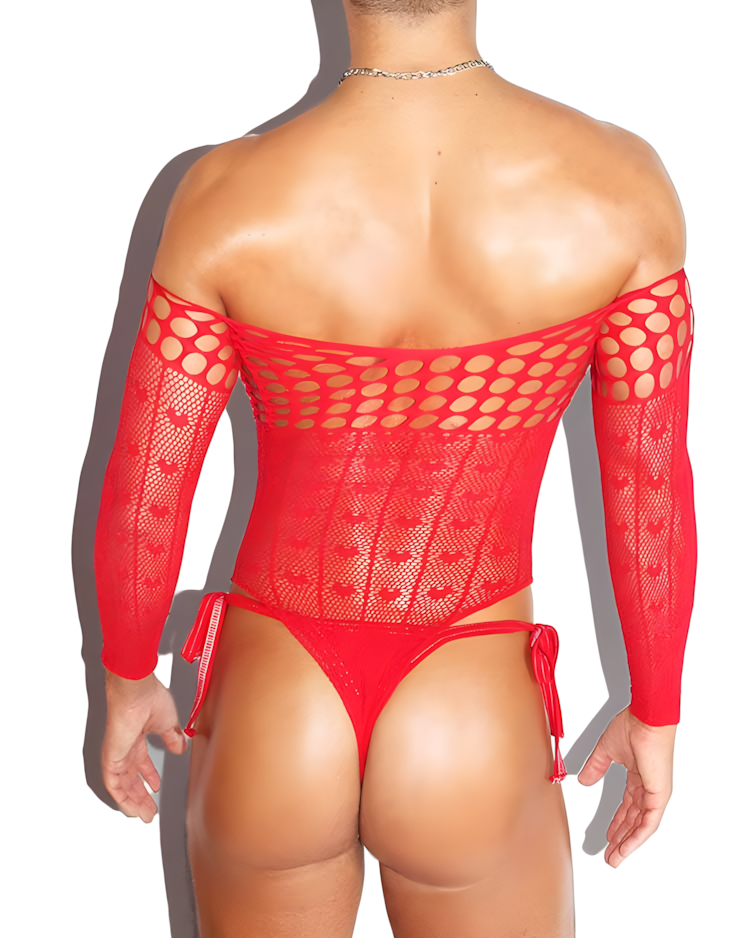 Men's Red Fishnet See-Through Strapless Bodysuit