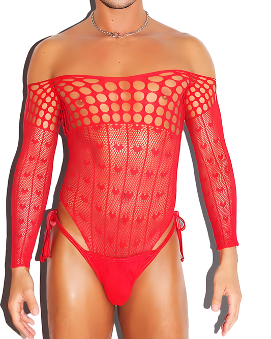 Men's Red Fishnet See-Through Strapless Bodysuit