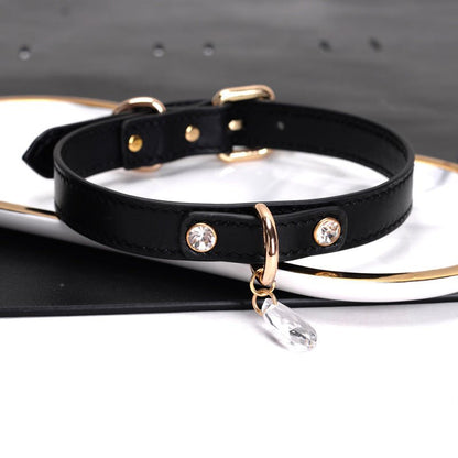 Marble-Patterned Genuine Leather Choker with Pendant & Leash - PJ034