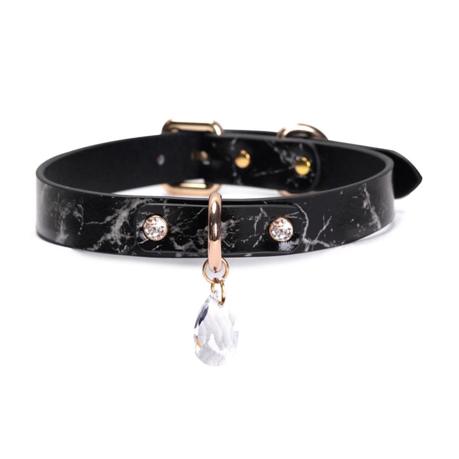 Marble-Patterned Genuine Leather Choker with Pendant & Leash - PJ034