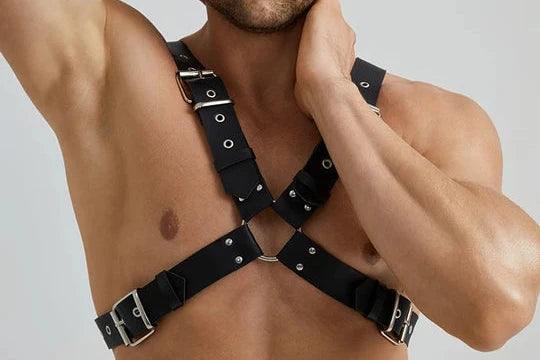 Men's Adjustable Leather Body Strap Harness - Black - KB029