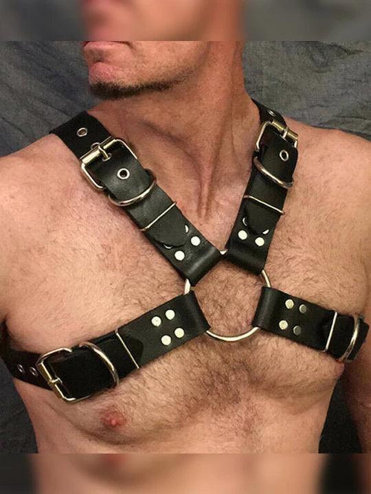 Men's Adjustable Leather Body Strap Harness - Black - KB029