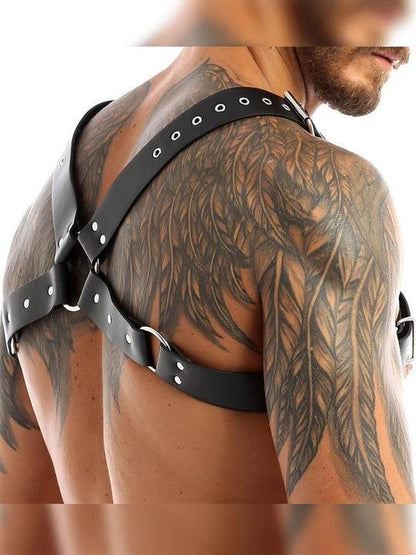 Men's Adjustable Leather Body Strap Harness - Black - KB029