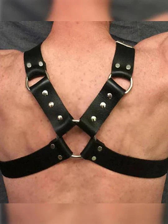 Men's Adjustable Leather Body Strap Harness - Black - KB029