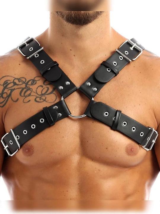 Men's Adjustable Leather Body Strap Harness - Black - KB029