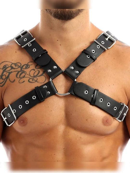Men's Adjustable Leather Body Strap Harness - Black - KB029