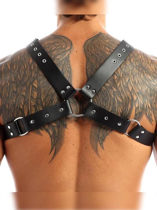 Men's Adjustable Leather Body Strap Harness - Black - KB029
