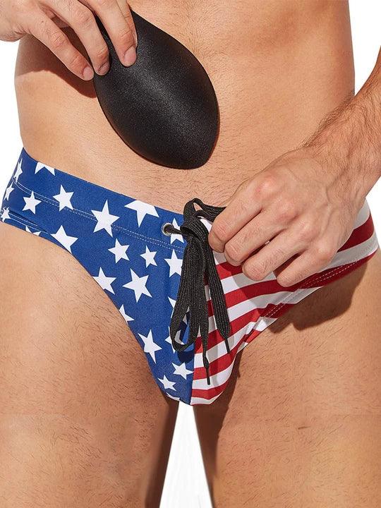 Men's American Flag Print Swim Briefs - YK012