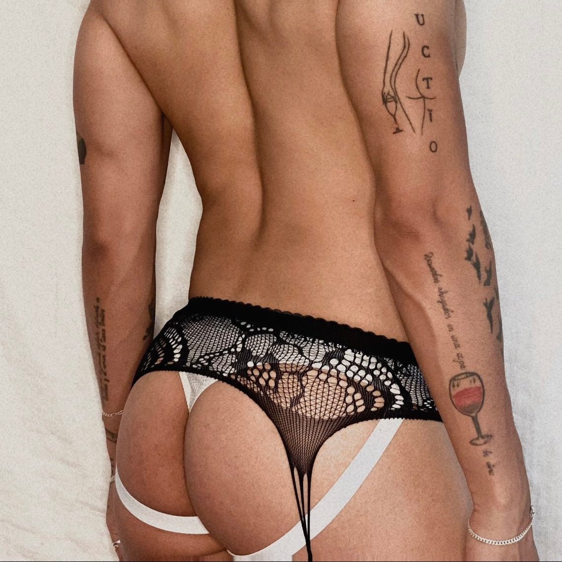 Men’s Black Lace Fishnet Open-Crotch Thigh High Stockings - CW046