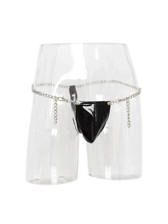 Men's Chain-Detail Thong: Daring Faux Leather & Metal Underwear - GZK003