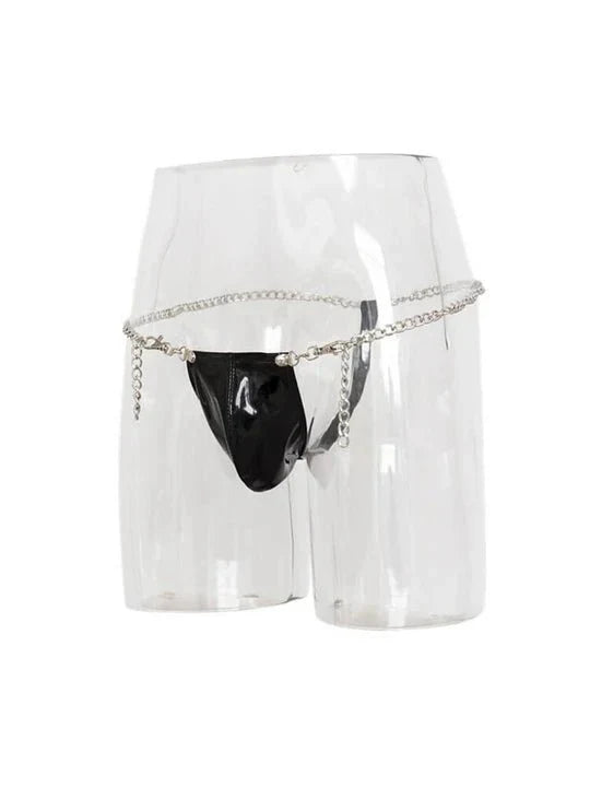 Men's Chain-Detail Thong: Daring Faux Leather & Metal Underwear - GZK003