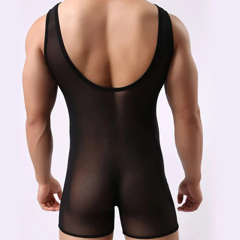 Mens Elastic Vest Mesh Bodysuit Jumpsuit - LTY052