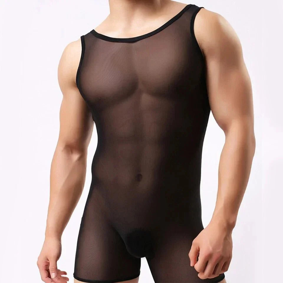Mens Elastic Vest Mesh Bodysuit Jumpsuit - LTY052