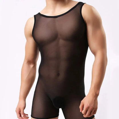 Mens Elastic Vest Mesh Bodysuit Jumpsuit - LTY052
