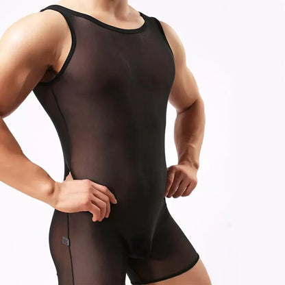 Mens Elastic Vest Mesh Bodysuit Jumpsuit - LTY052