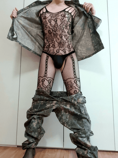 Men’s Fishnet Lace Crotchless Garter Bodystocking - LTW051