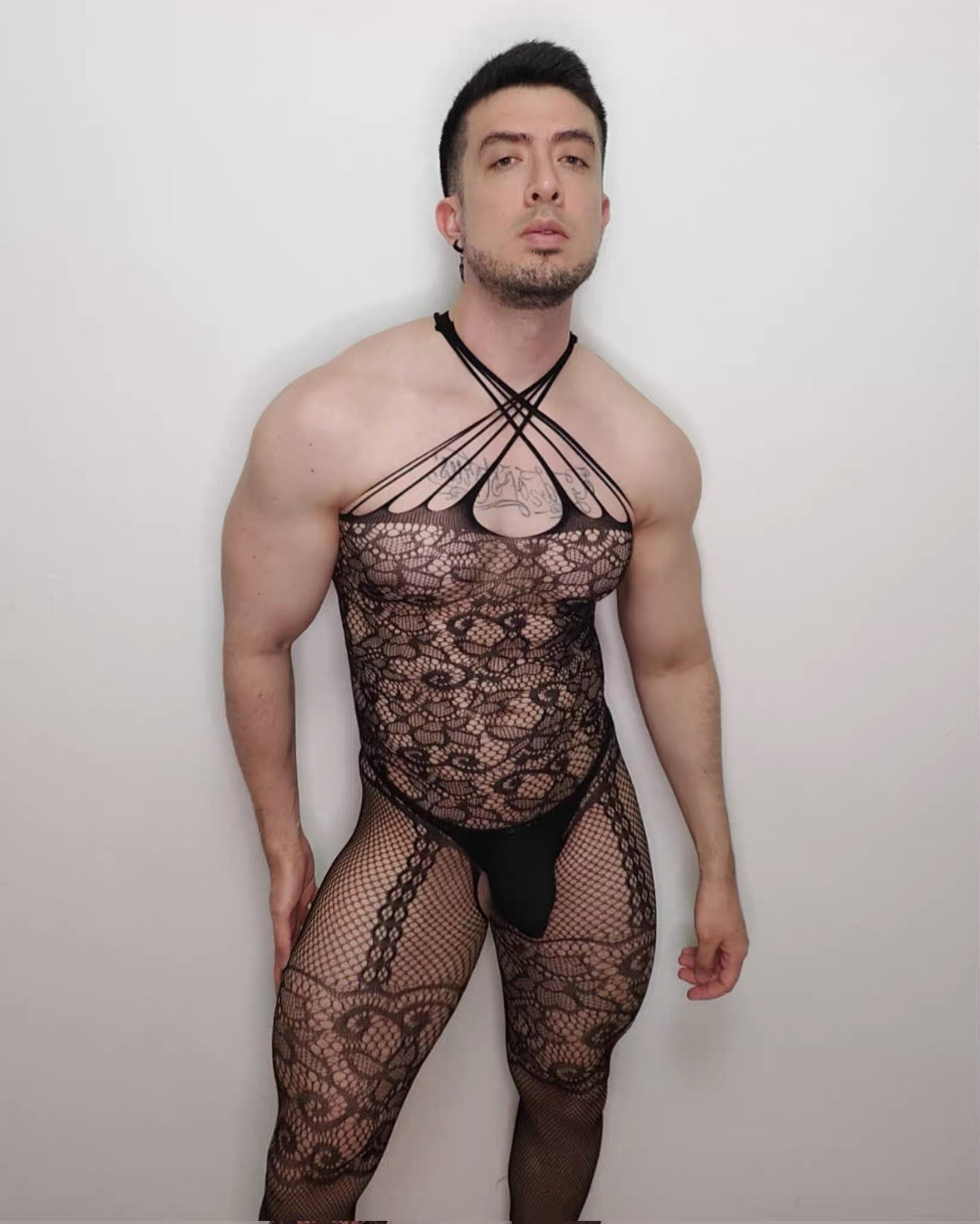 Men’s Fishnet Lace Crotchless Garter Bodystocking - LTW051