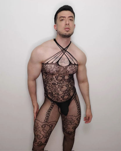Men’s Fishnet Lace Crotchless Garter Bodystocking - LTW051
