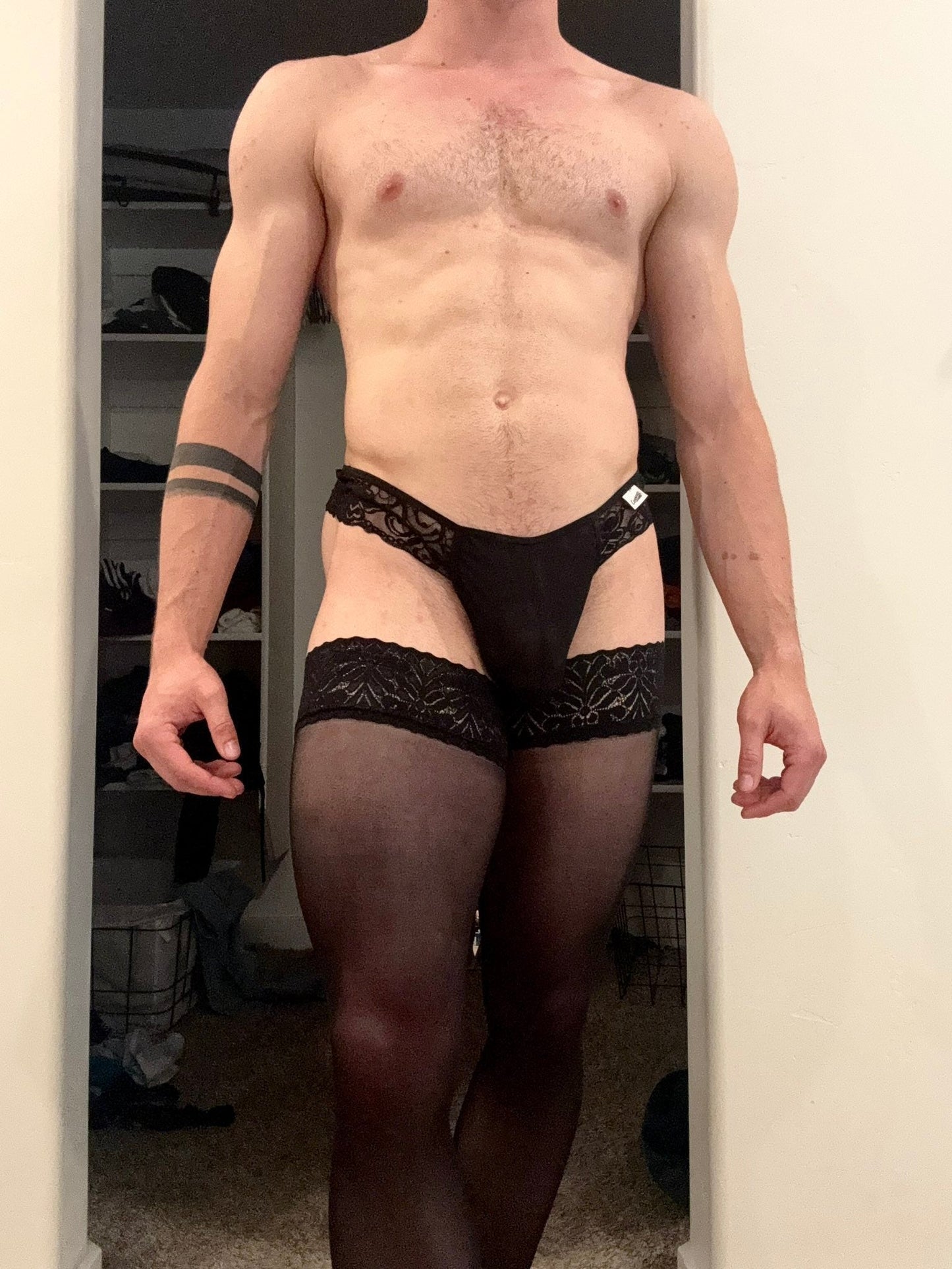 Men’s Lace Thigh High Stockings with Silicone Top -  CW036
