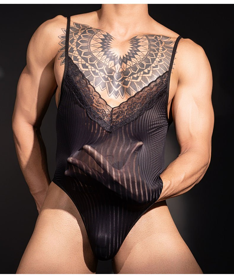 Men’s Lace Trim Vertical Stripe Bodysuit - LTY061