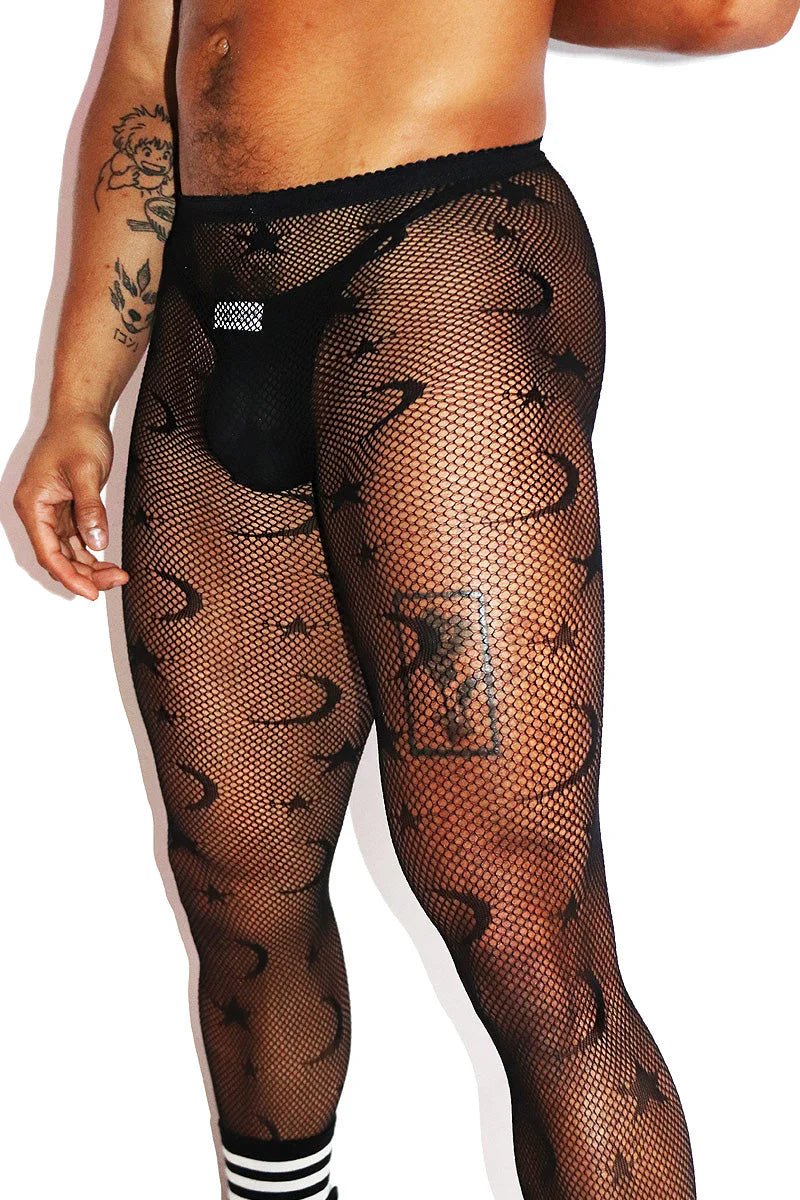 Men’s Mystic Fishnet Tights Set with Star & Moon Pattern - CW038