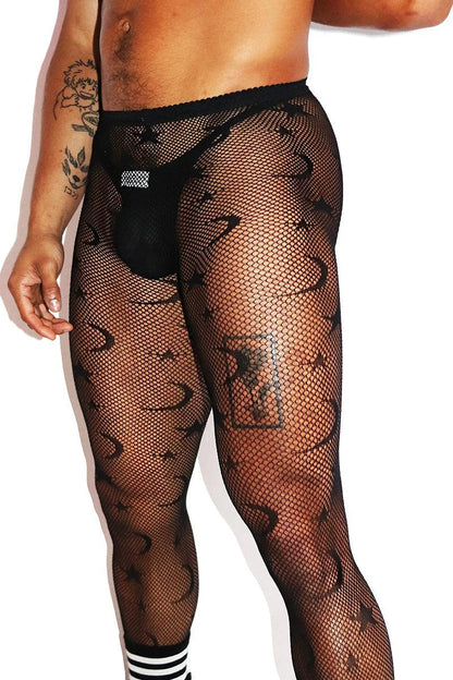 Men’s Mystic Fishnet Tights Set with Star & Moon Pattern - CW038