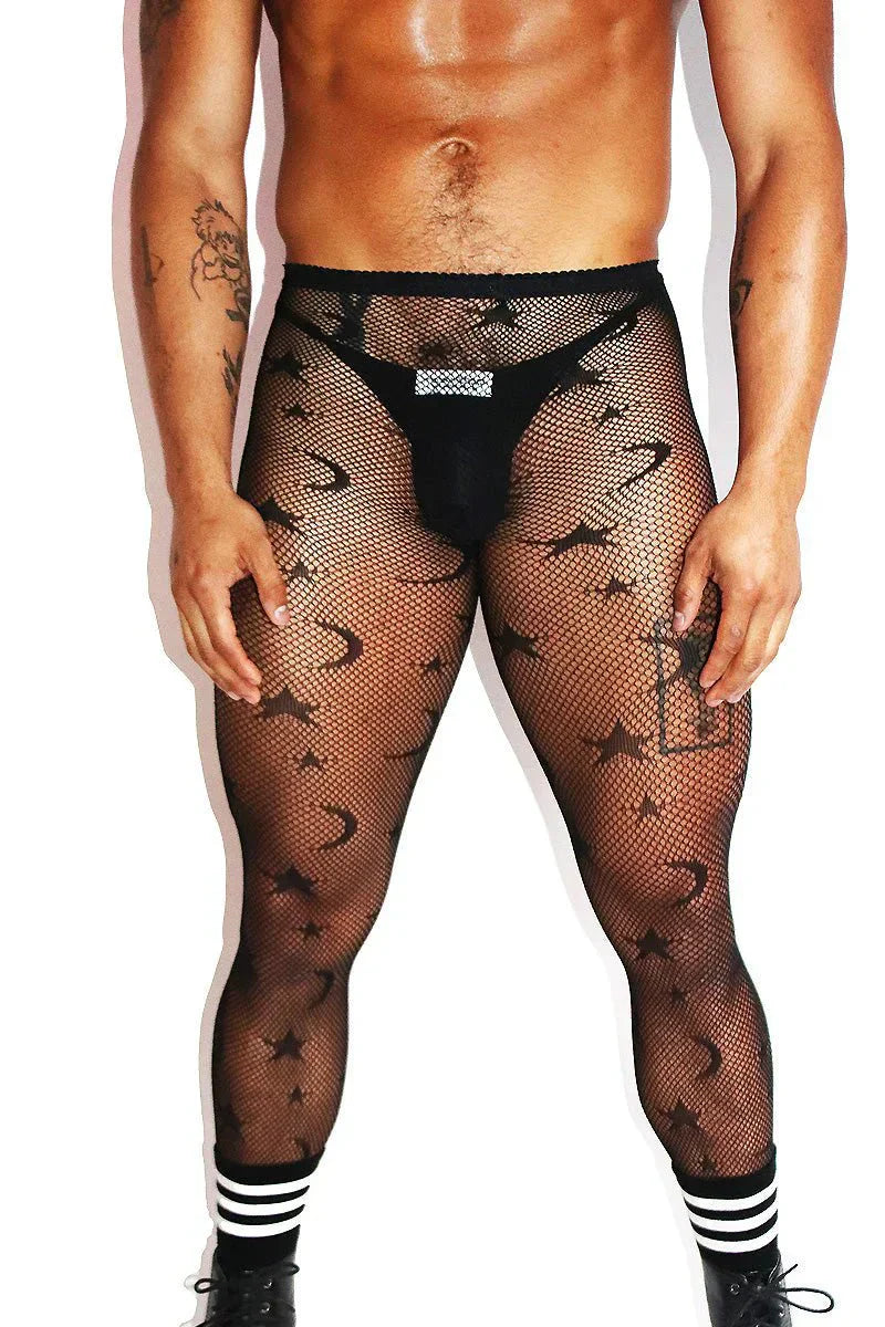 Men’s Mystic Fishnet Tights Set with Star & Moon Pattern - CW038