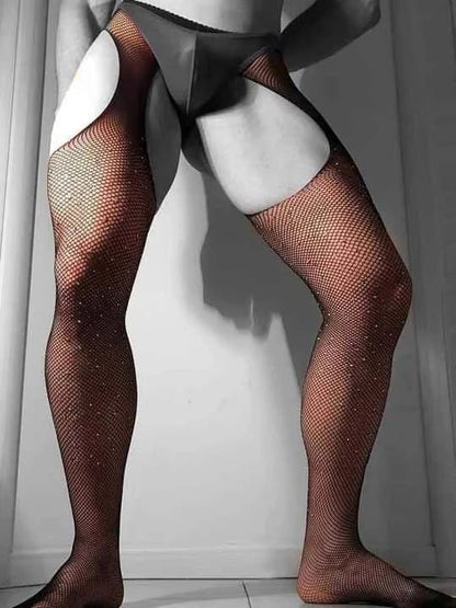 Men's Open Crotch Diamonds-Set Fishnet Stockings - CW009