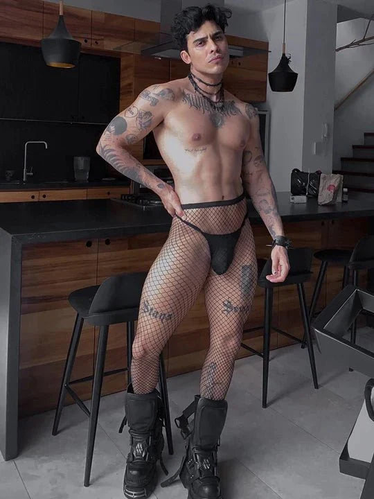 Men's Open Crotch Rhinestone Fishnet Pantyhose - CW026
