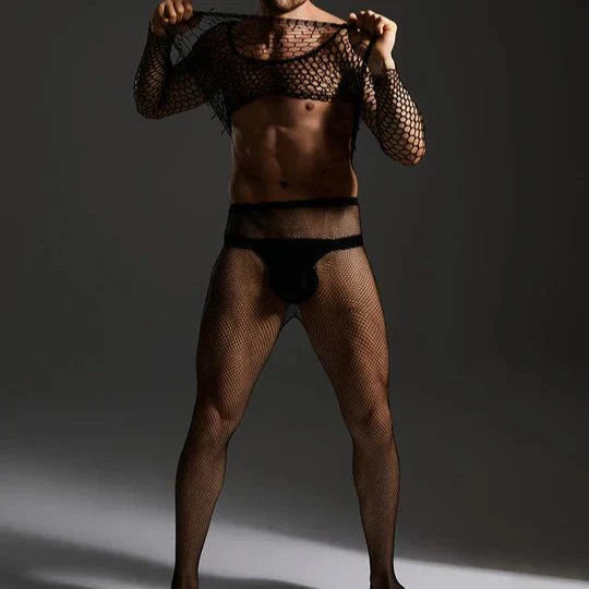 Men's Open Crotch Rhinestone Fishnet Pantyhose - CW026