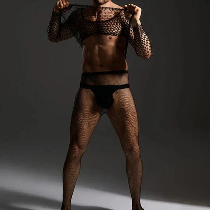 Men's Open Crotch Rhinestone Fishnet Pantyhose - CW026