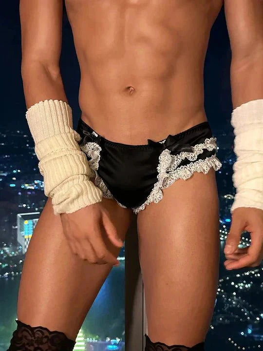 Men's Open Hip Lace Bow Spandex Thong - SJK017