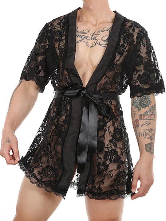 Men's Perspective Temptation Sexy Lace Thong Bathrobe - QQNY006