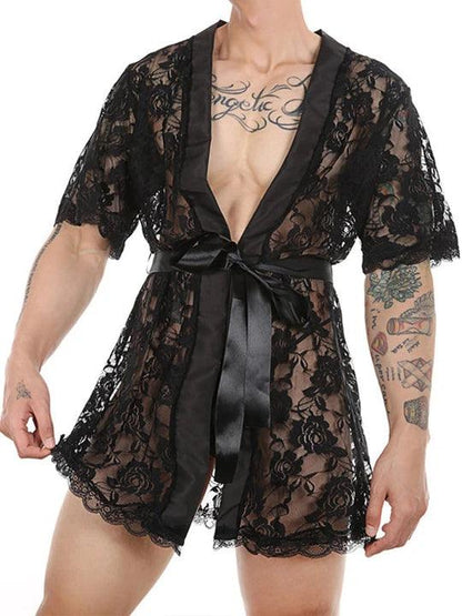 Men's Perspective Temptation Sexy Lace Thong Bathrobe - QQNY006