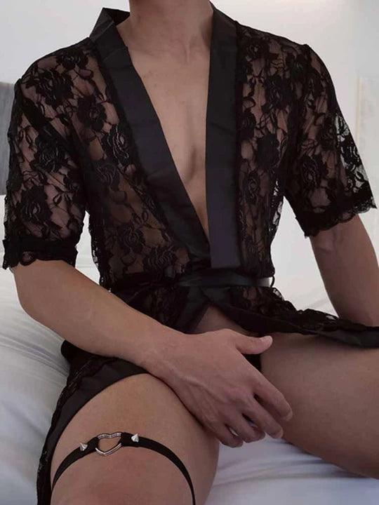 Men's Perspective Temptation Sexy Lace Thong Bathrobe - QQNY006