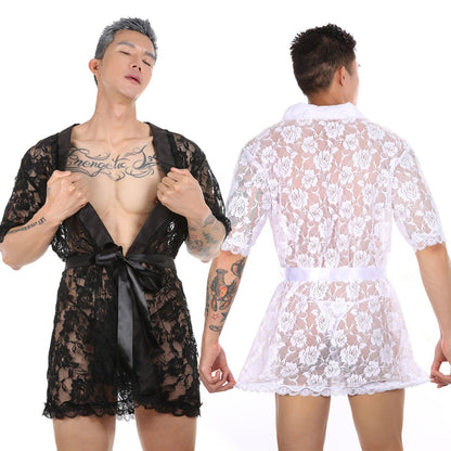 Men's Perspective Temptation Sexy Lace Thong Bathrobe - QQNY006