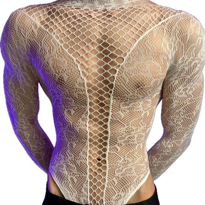 Men’s See-Through Hollow Long Sleeve Bodysuit