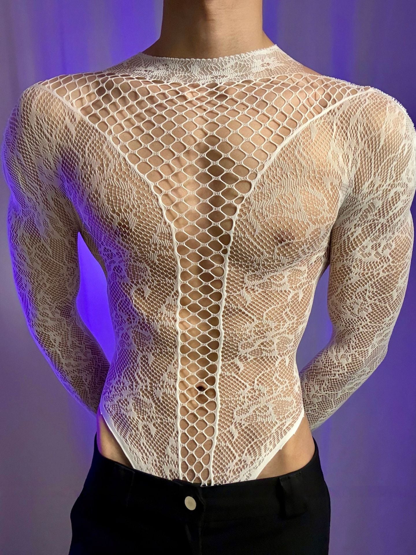 Men’s See-Through Hollow Long Sleeve Bodysuit
