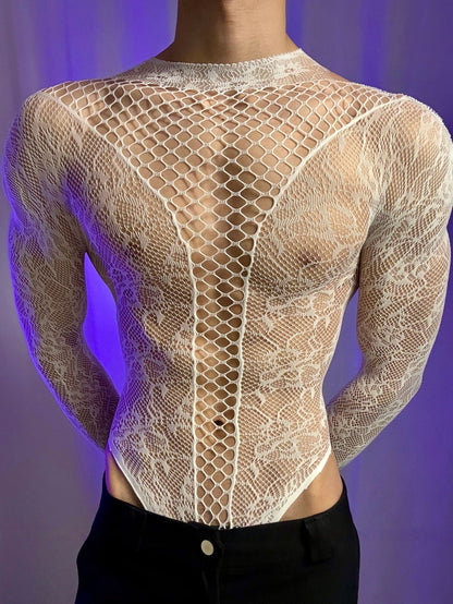 Men’s See-Through Hollow Long Sleeve Bodysuit