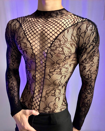 Men’s See-Through Hollow Long Sleeve Bodysuit
