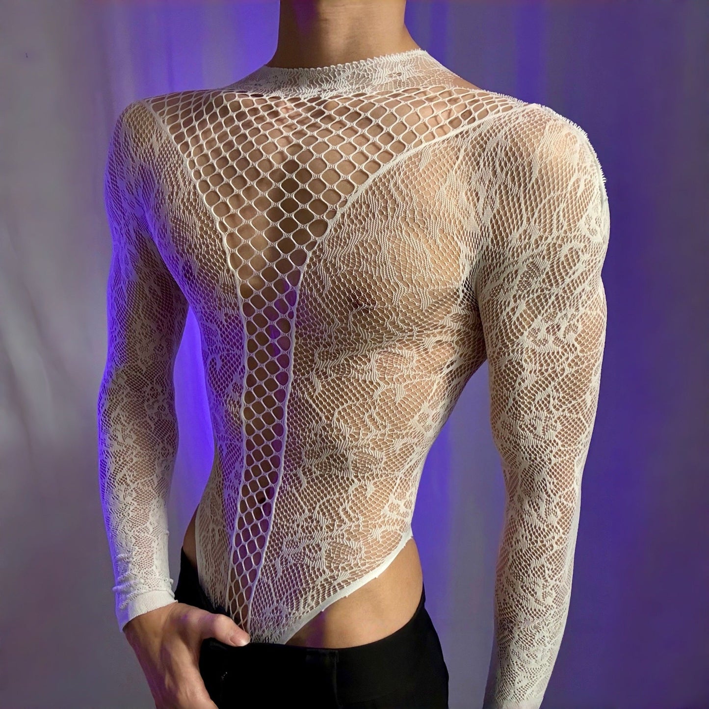 Men’s See-Through Hollow Long Sleeve Bodysuit