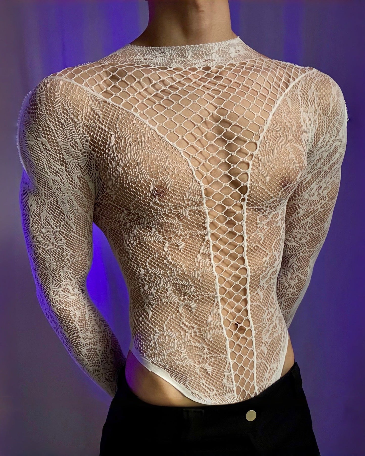 Men’s See-Through Hollow Long Sleeve Bodysuit