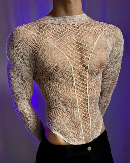 Men’s See-Through Hollow Long Sleeve Bodysuit