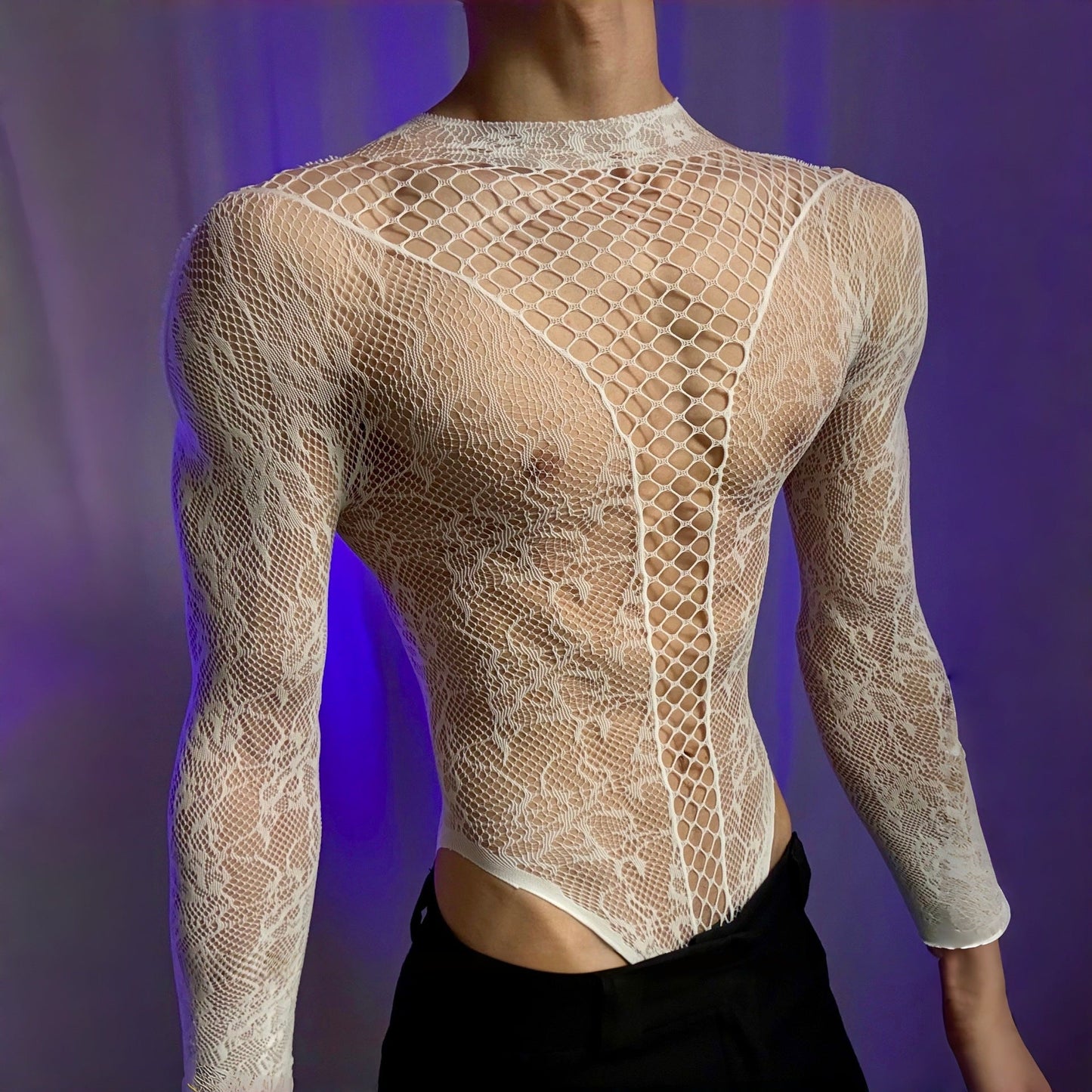 Men’s See-Through Hollow Long Sleeve Bodysuit